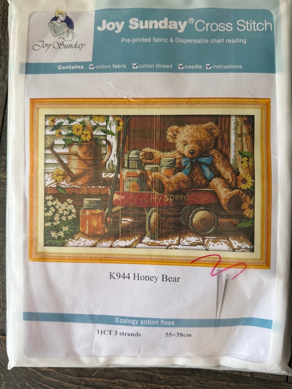 Honey Bear Joy Sunday Pre-Printed Cross Stitch Kit 11ct Aida - NEW